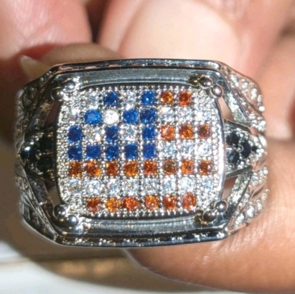 Silver and Blue Retro Patriotic Men's Ring  Sz 9